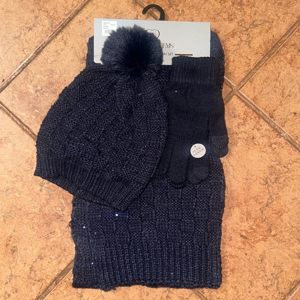 Couture Gems hat, scarf and glove set